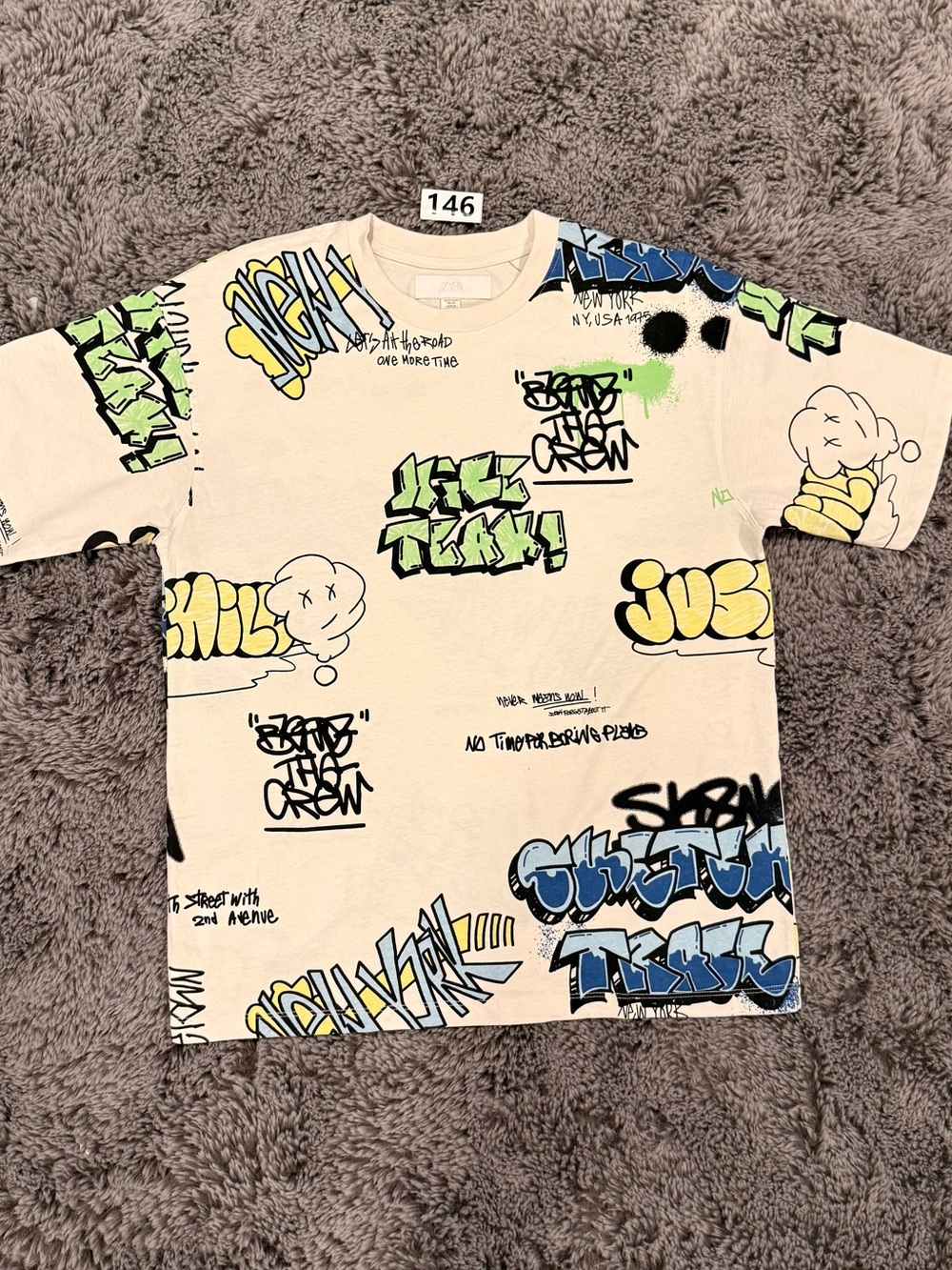 Zara Cream Tee with Neon Green & Sky Blue Graffiti